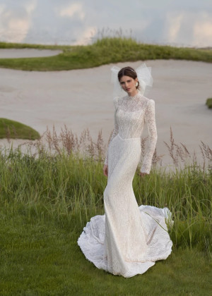 Long Sleeves Ivory Allover Lace Keyhole Back Wedding Dress